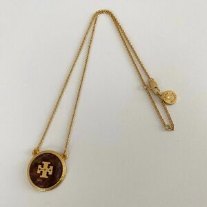NWOT Tory Burch Semi-Precious Stone Gold Tone Logo Pendant Necklace